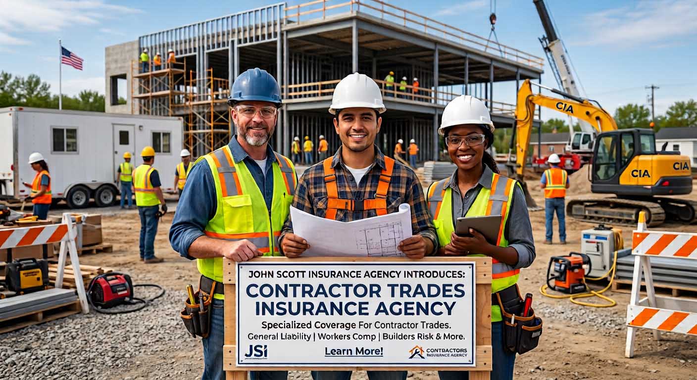 Three construction workers in safety gear stand at a building site, smiling and holding blueprints. A sign in front promotes contractor trades insurance services.