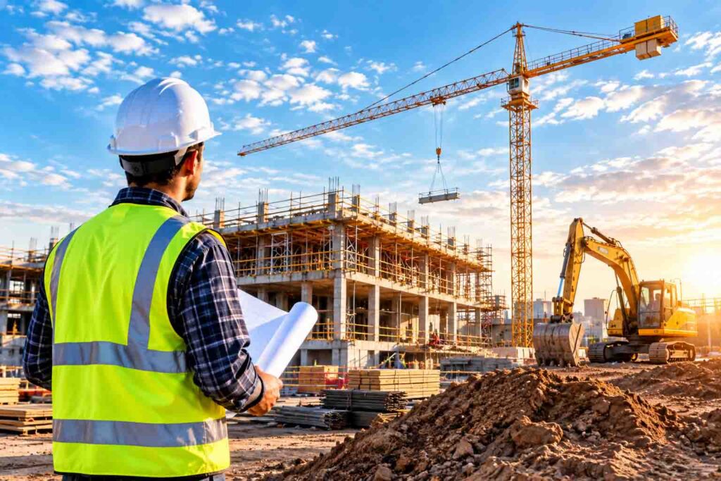 Engineer Surveying a Sunlit Construction Site Engineer Surveying a Sunlit Construction Site
