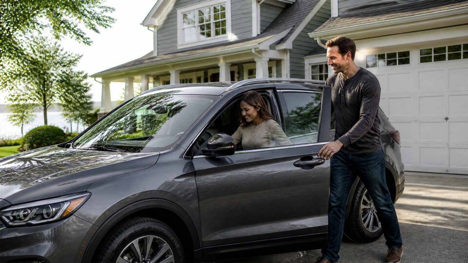 A smiling man opens the passenger door of a grey crossover SUV parked in a driveway for a woman sitting inside, with a two-story house in the background - www.johnscottinsurance.com